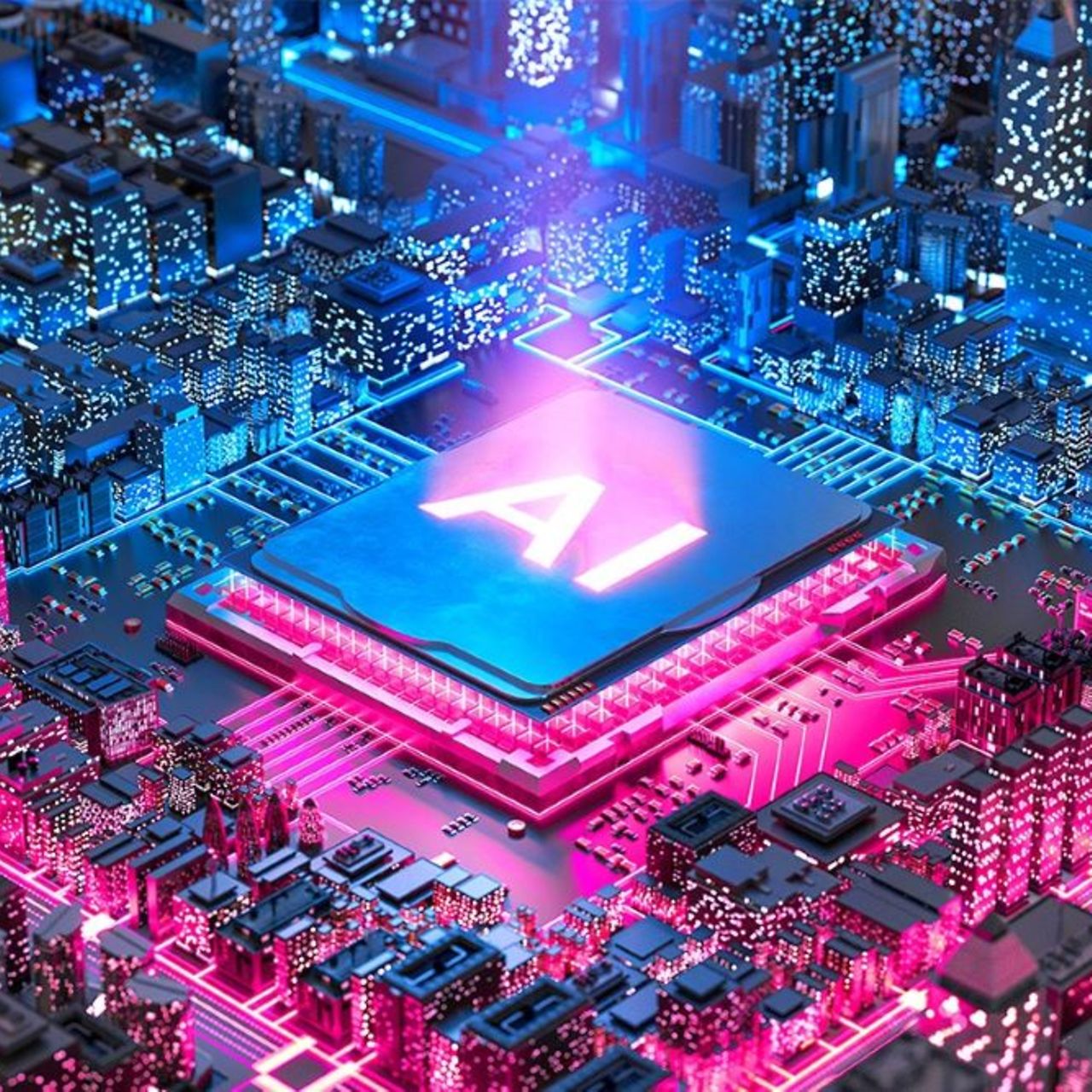 Blue-magenta colored computerchip, resembling a miniature city, with text 'AI' on it
