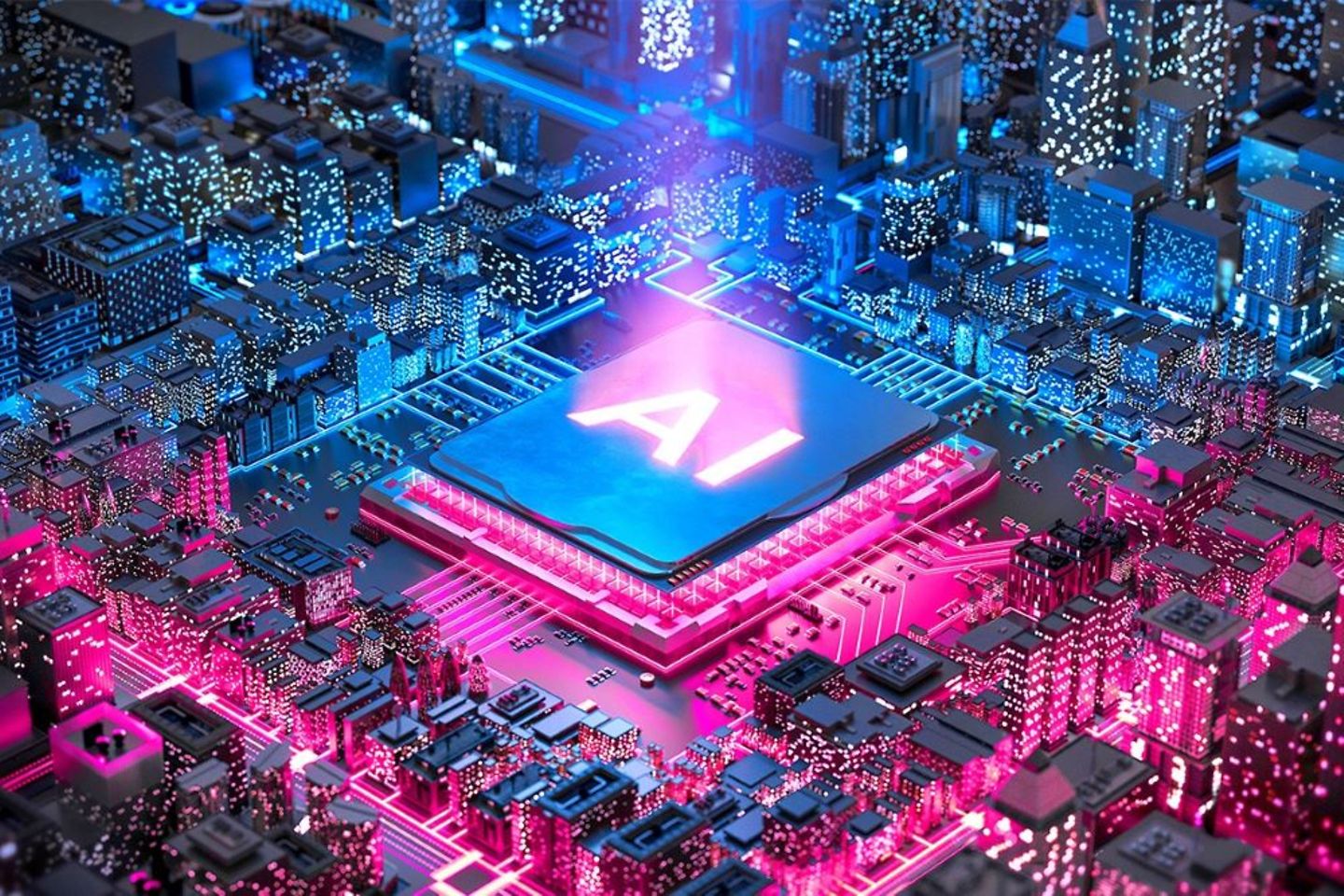 Blue-magenta colored computerchip, resembling a miniature city, with text 'AI' on it