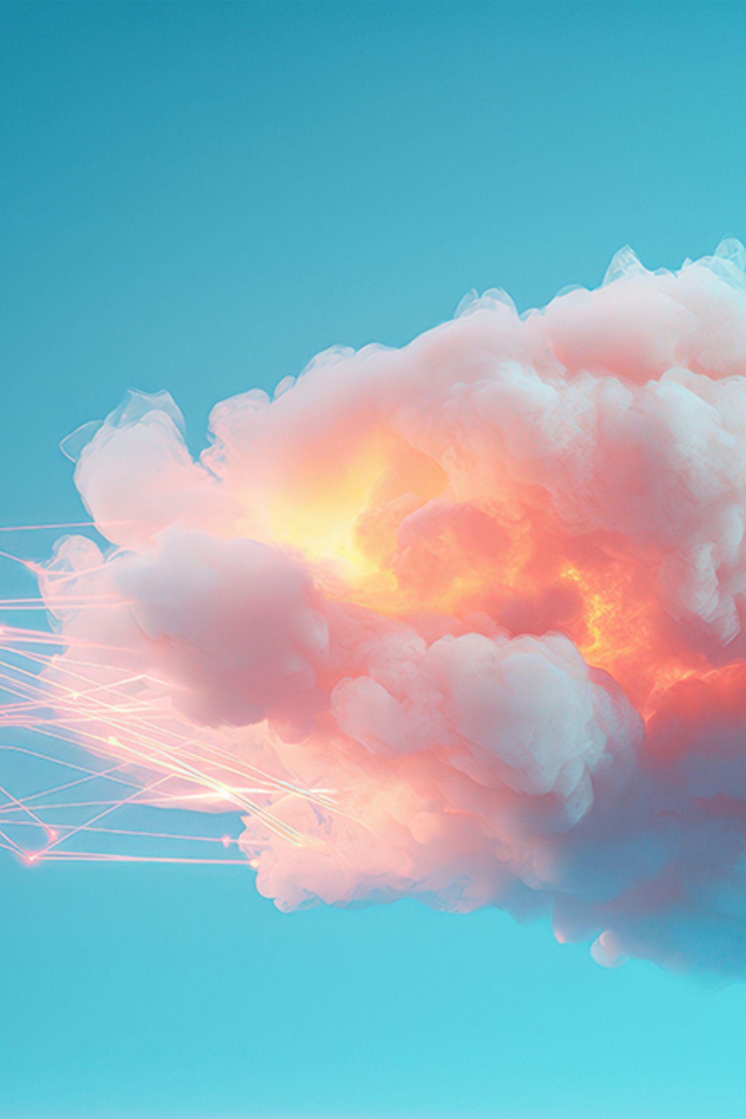 Futuristic glowing digital cloud with neon blue gradients and network connections.