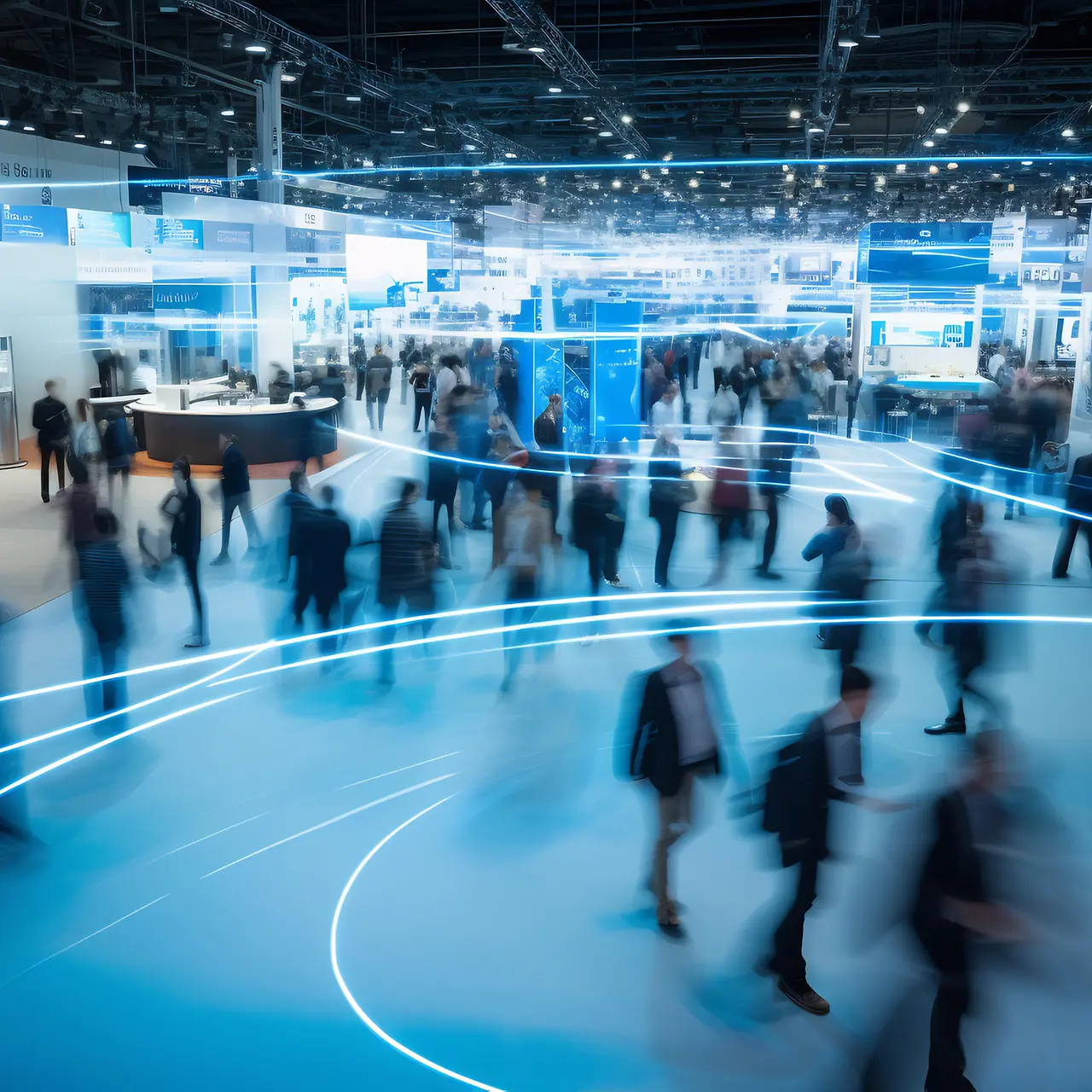 Bild einer Messe mit Menschen, Ausstellungsständen sowie blaue Lichtstrahlen 
