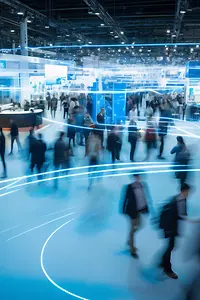 Bild einer Messe mit Menschen, Ausstellungsständen sowie blaue Lichtstrahlen 