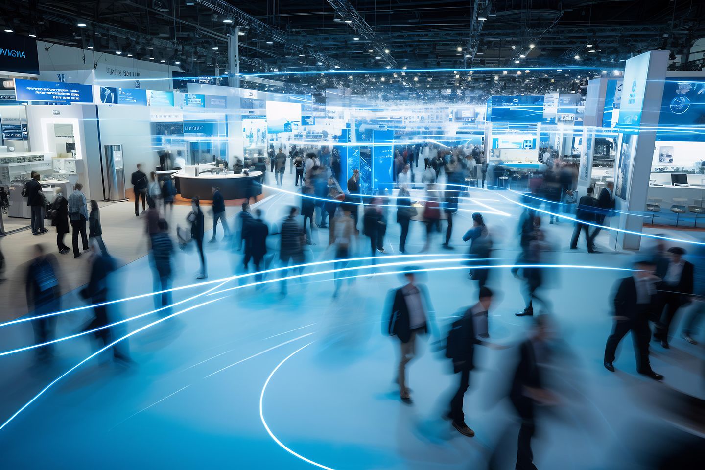 Bild einer Messe mit Menschen, Ausstellungsständen sowie blaue Lichtstrahlen 