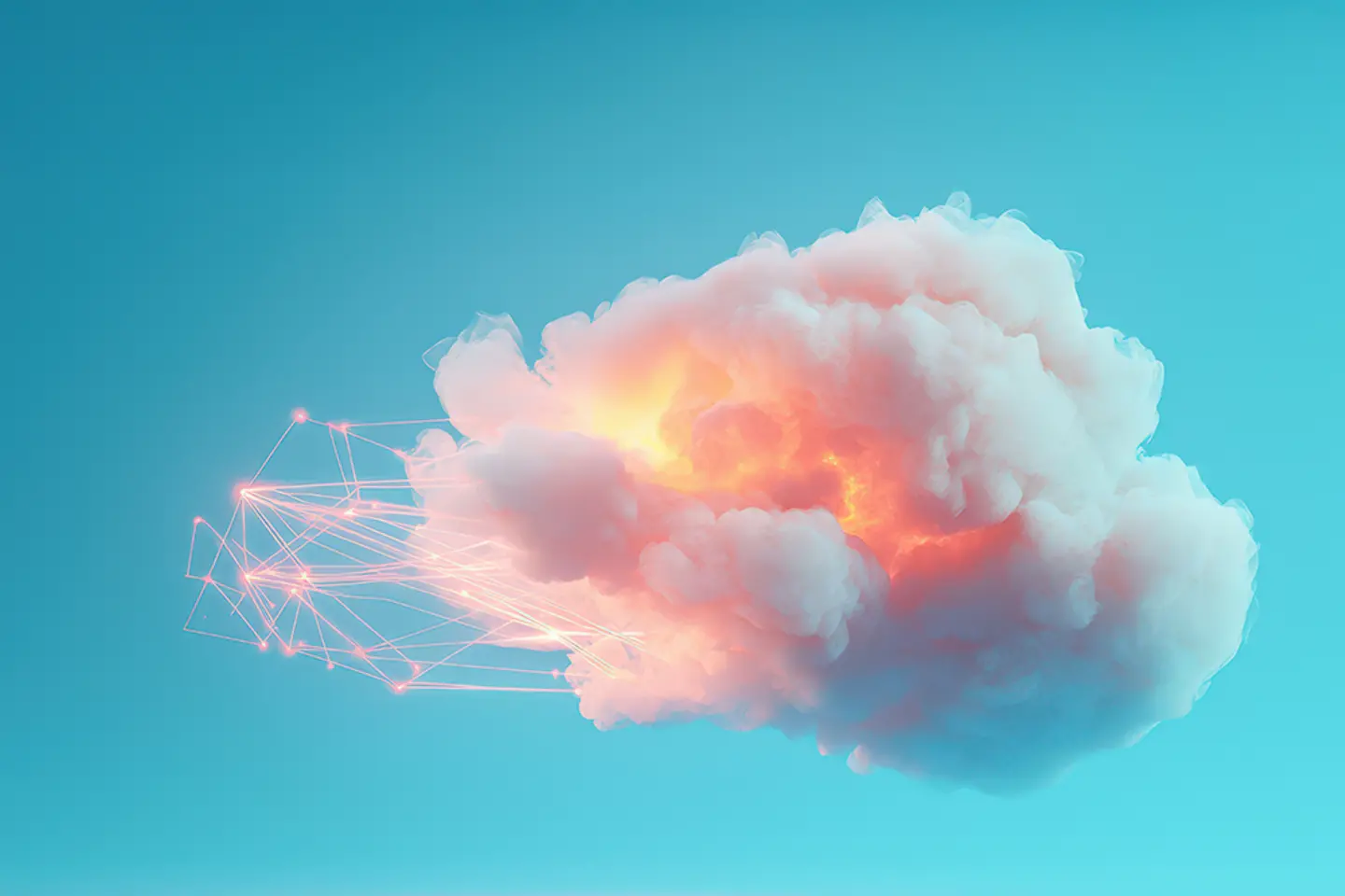 Futuristische, leuchtende digitale Wolke mit neonblauen Farbverläufen und Netzwerkverbindungen.