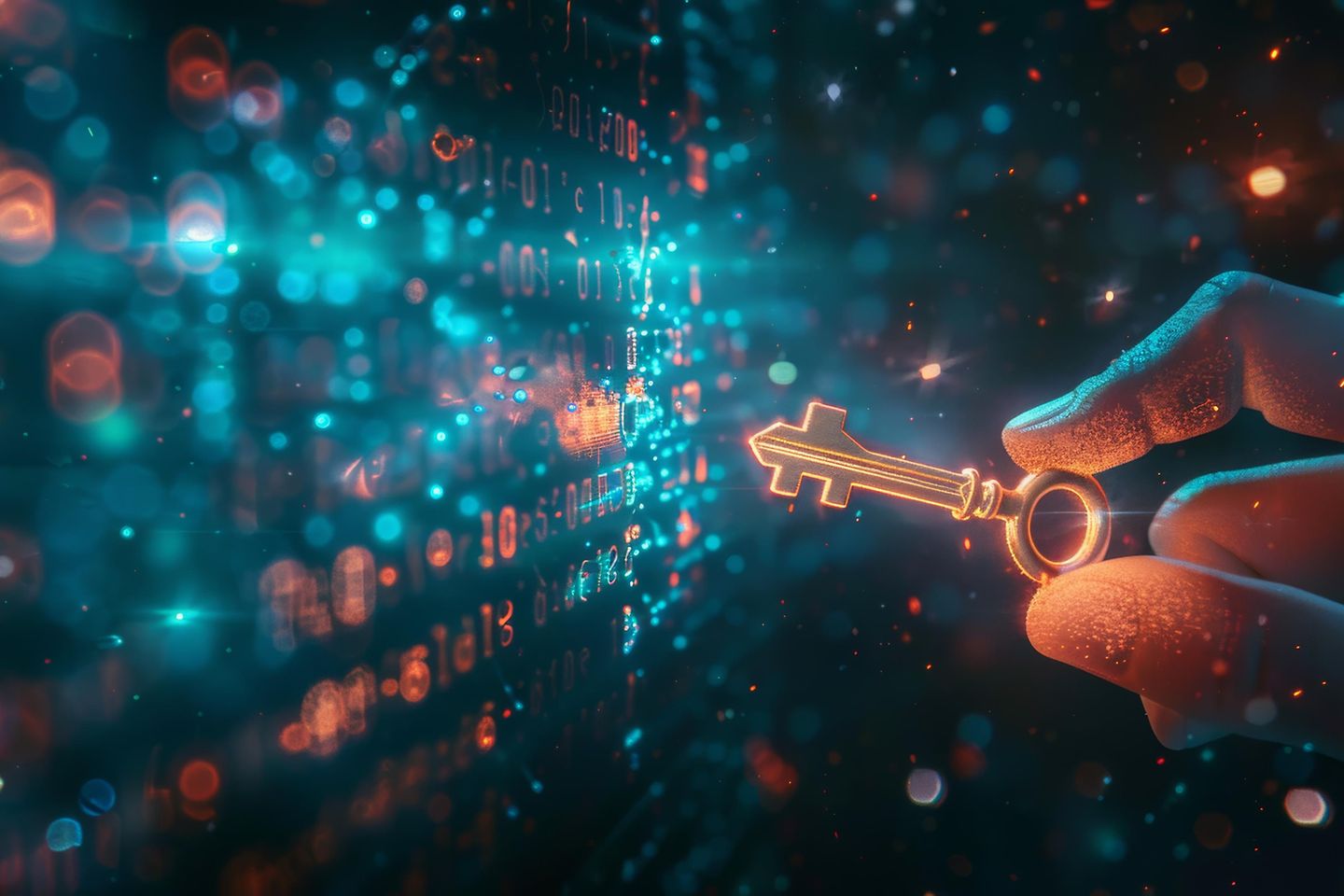 A hand holding a glowing key shaped like a chain unlocks a massive digital code