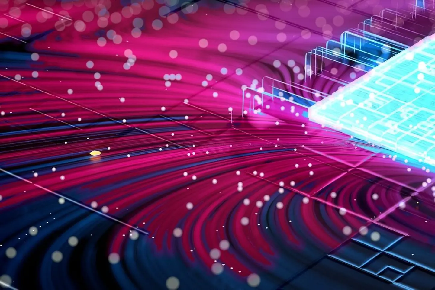 Glinsterende blauwe computerchip op magenta plaat