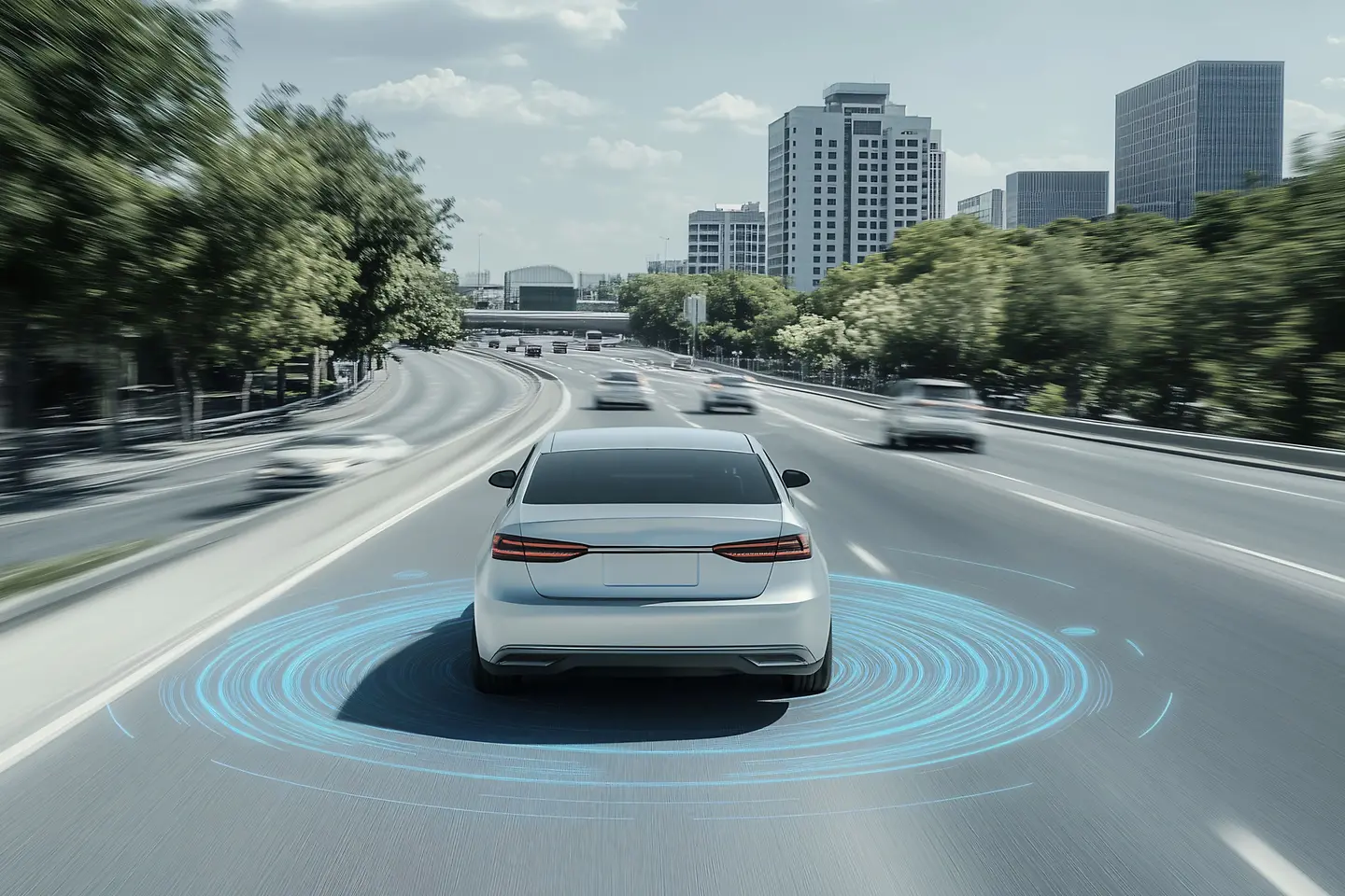 A white futuristic car navigates a modern cityscape