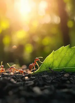Teamarbeit von Ameisen, die gemeinsam ein großes Blatt in der üppigen Naturumgebung bei Sonnenuntergang tragen