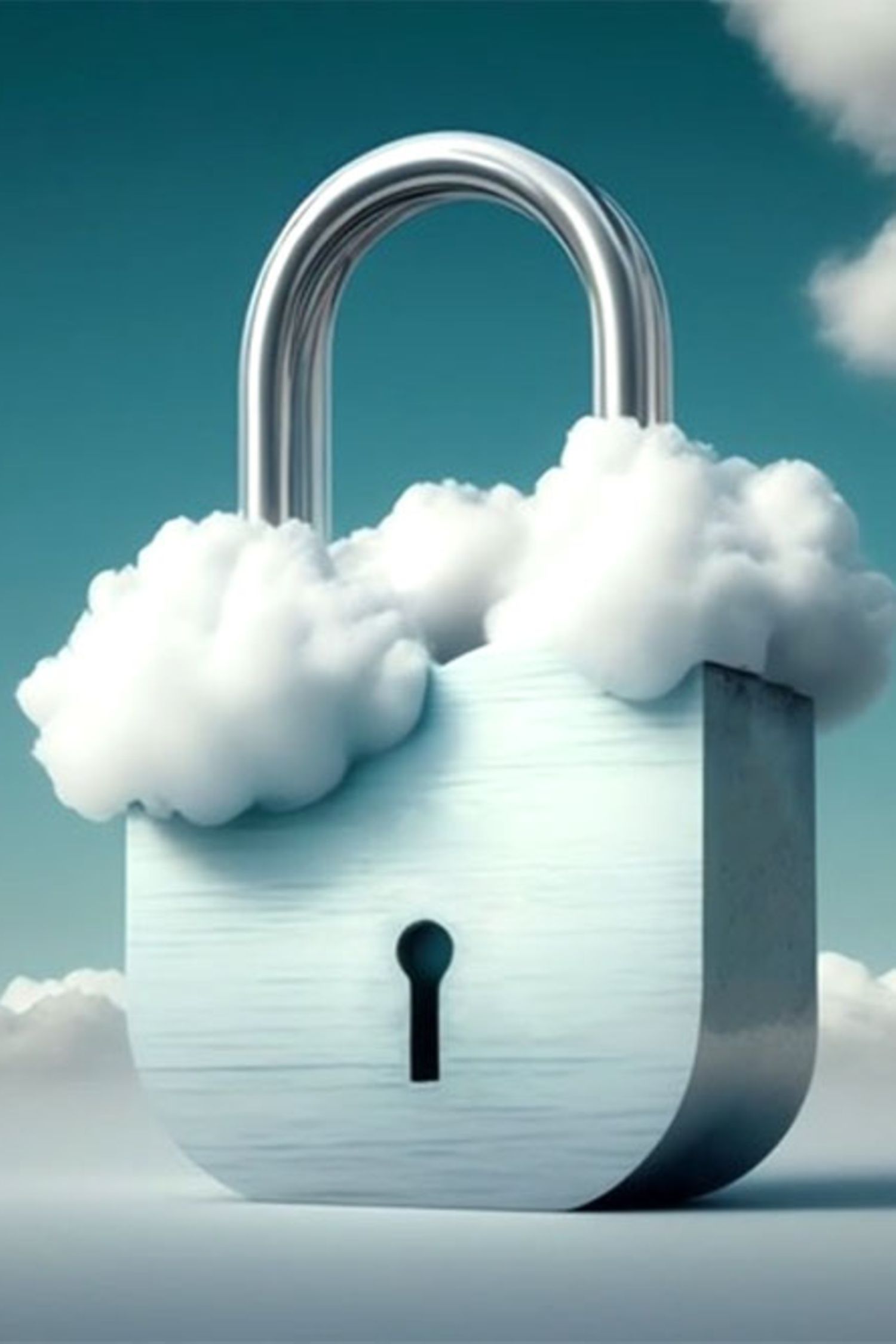 A padlock depicted against a blue sky surrounded by clouds - AI generated