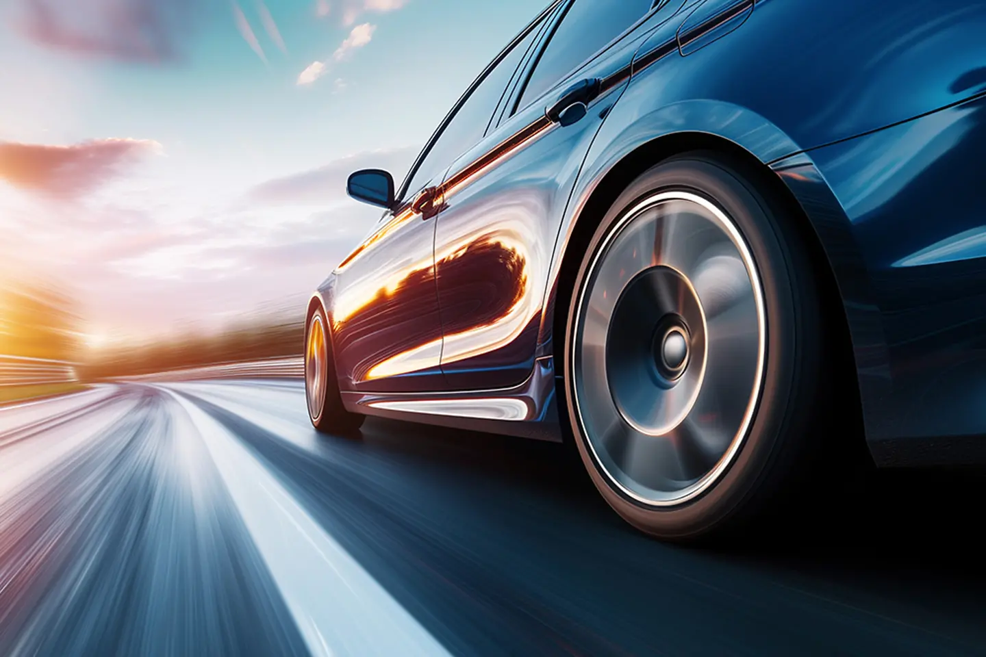 Blue car rushing along a high-speed highway