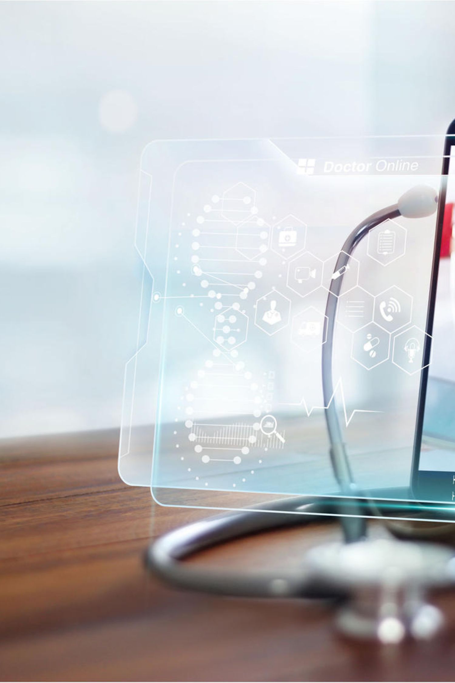 Tablet con estetoscopio y holograma flotante