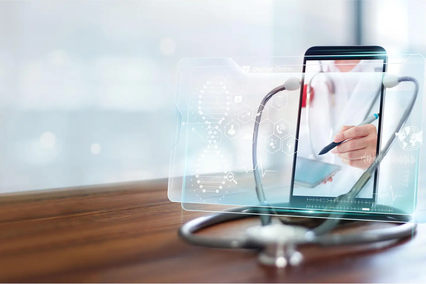 Tablet com estetoscópio e holograma flutuante