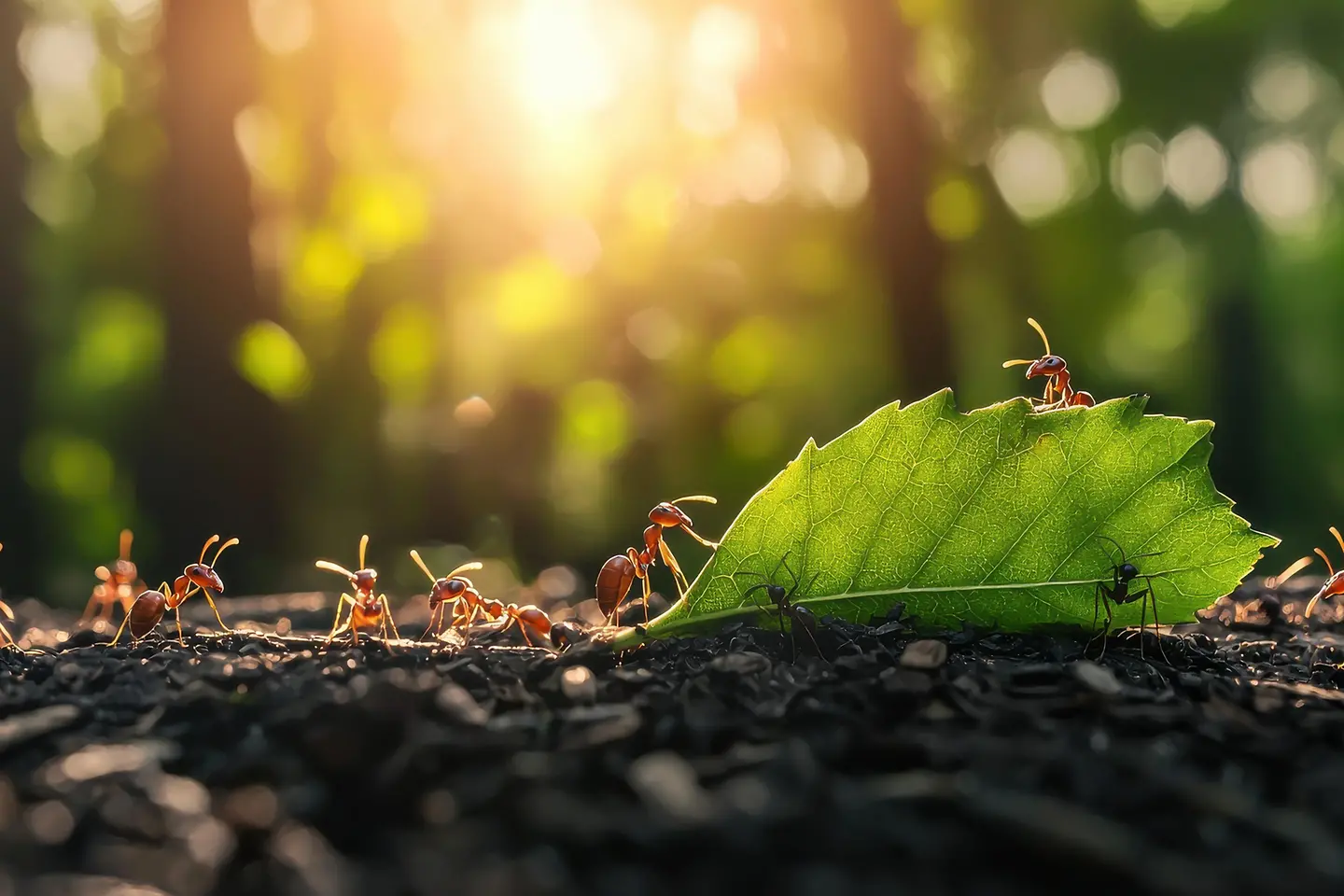 Teamwerk van mieren die samen een groot blad dragen in de weelderige natuur bij zonsondergang