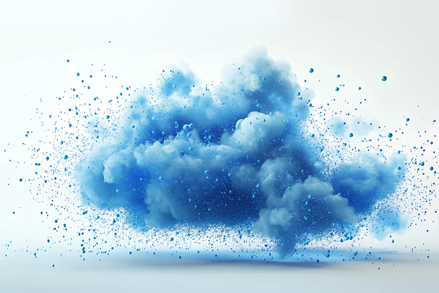 Abstract cloud computing technology with blue wireframe graphics and nodes on a white background.