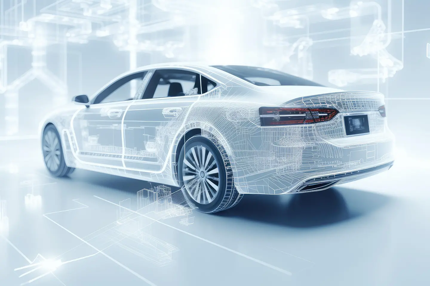 Afbeelding van een futuristische elektrische auto met een holografisch wireframe als achtergrond voor digitale technologie.