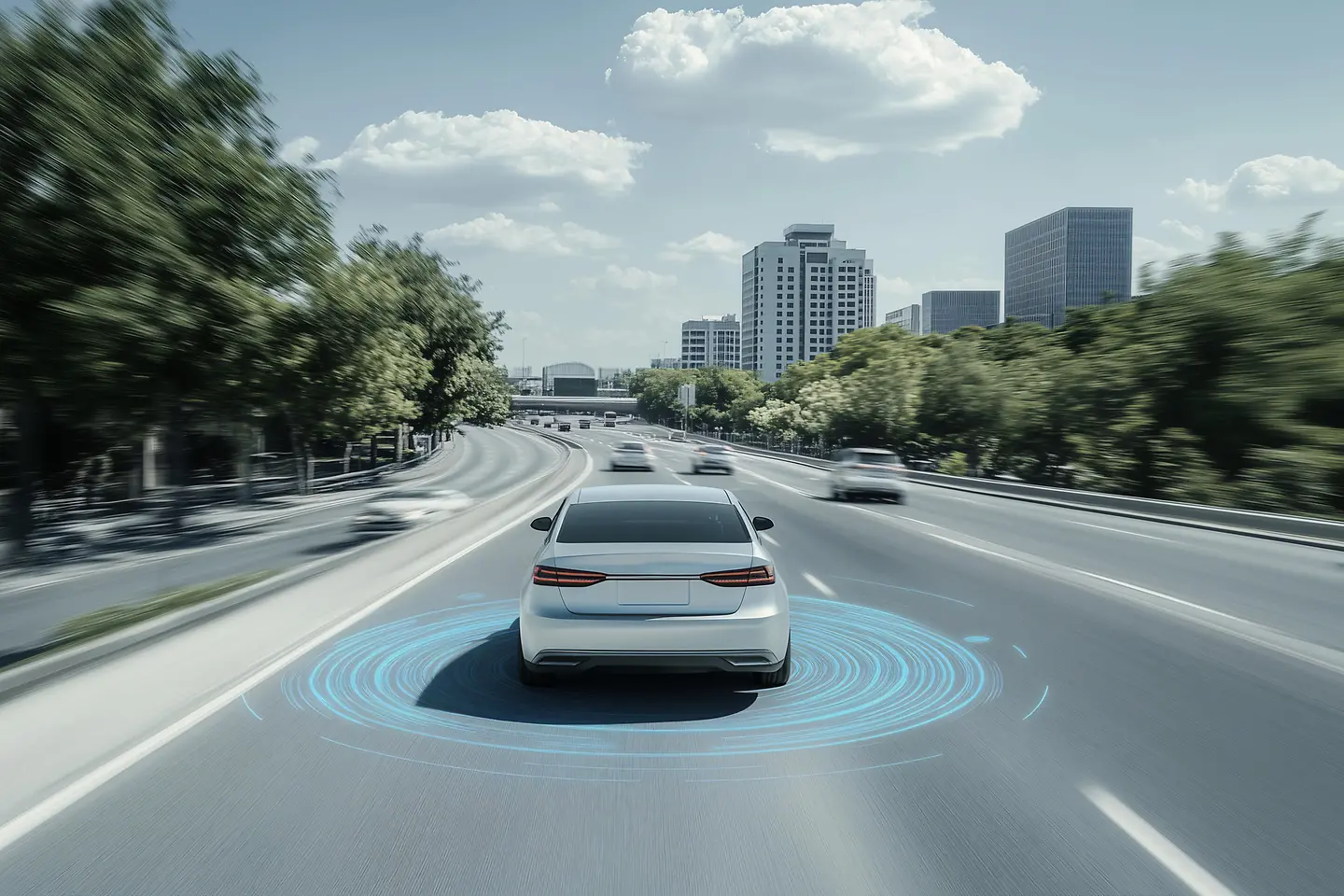 Een witte futuristische auto navigeert door een modern stadslandschap