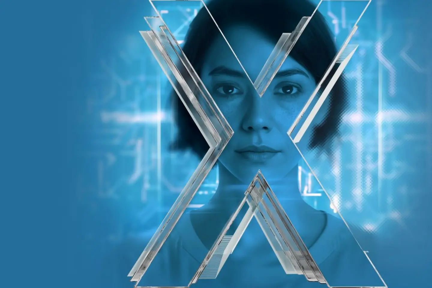 AI-generated image - Woman in front of blue background with a DIGITAL X sign in the foreground