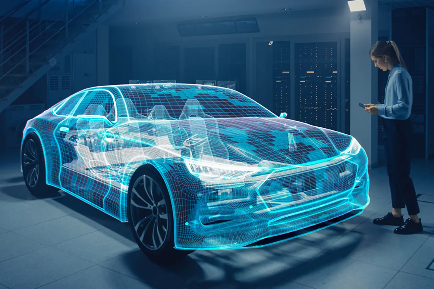 Female automotive engineer uses digital tablet with augmented reality for car design editing and improvement. 