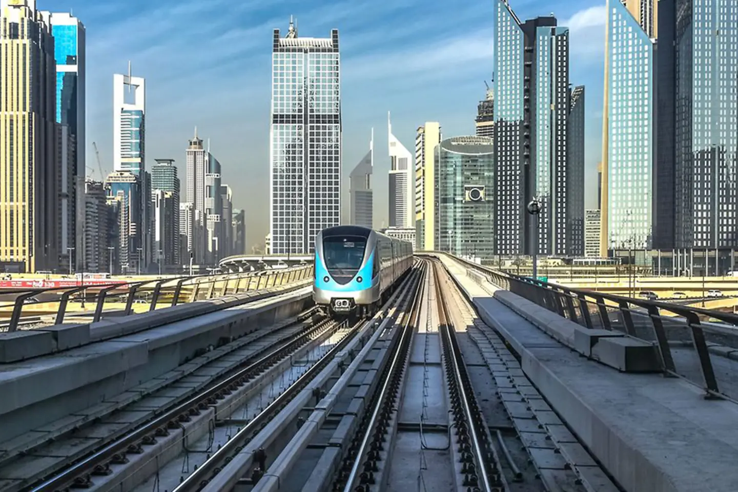 Train in a modern city environment