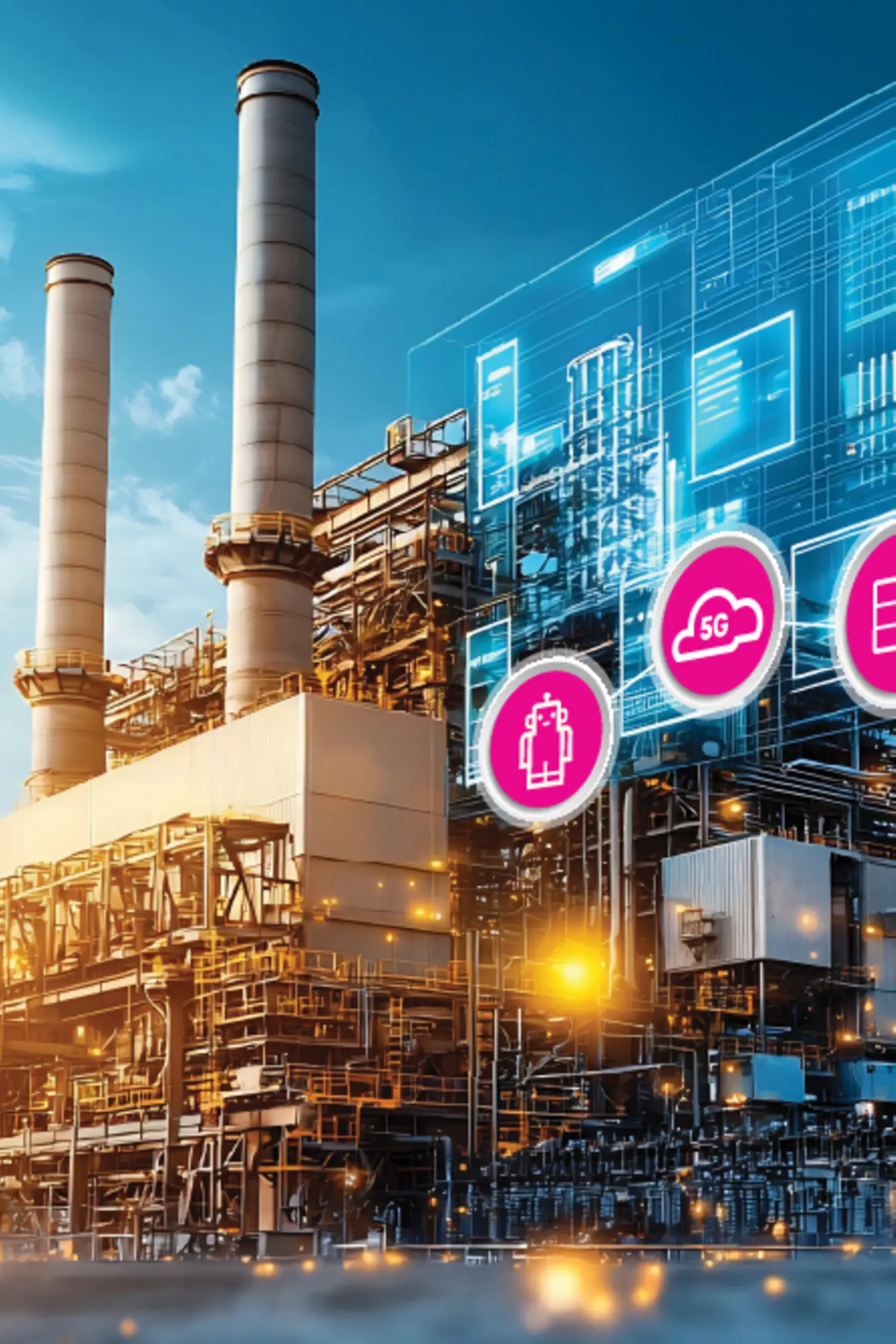 A large oil refinery at sunset with magenta signs and digital overlay