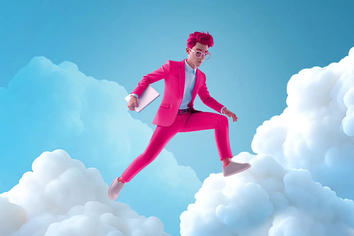 AI-generated image - Magenta coloured male figure steps from cloud to cloud, AI generated image