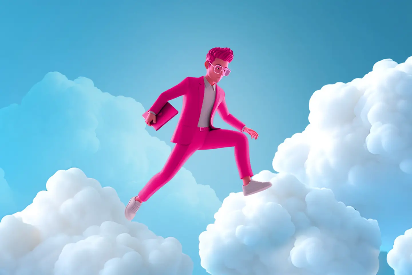 AI-generated image - Magenta coloured male figure steps from cloud to cloud, AI generated image