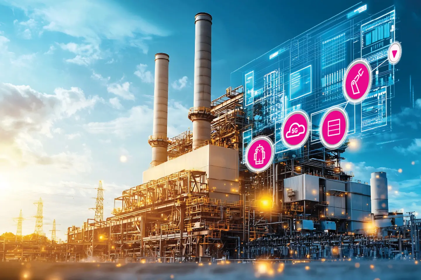 A large oil refinery at sunset with magenta signs and digital overlay