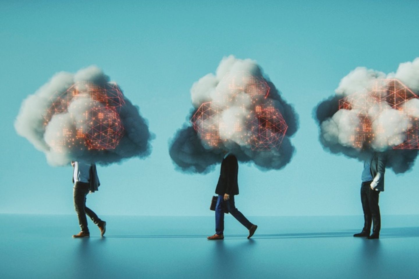 Three men in suits with a cloud around their heads.