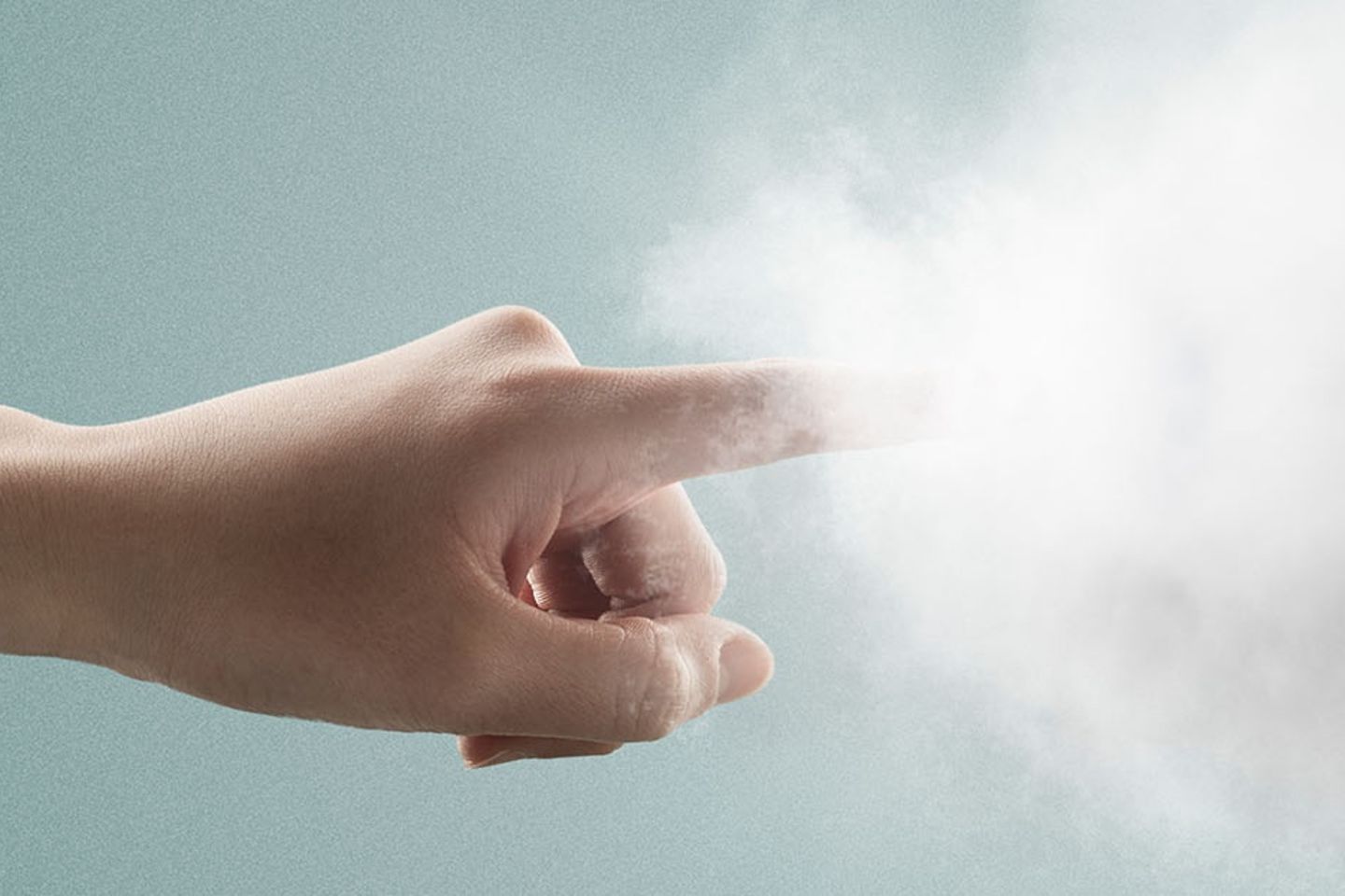 Two hands touch a cloud with the index finger.