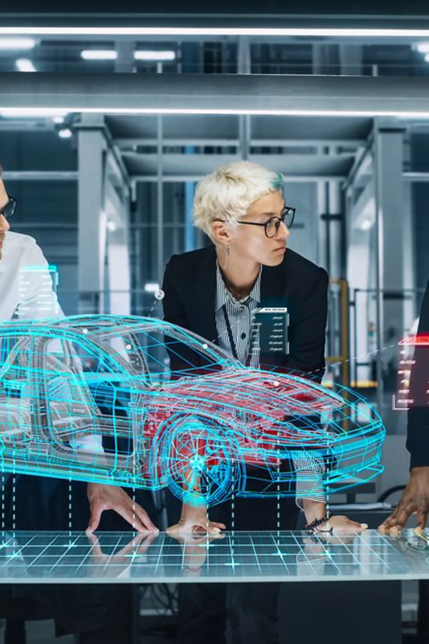 Automotive engineers working on a virtual car model