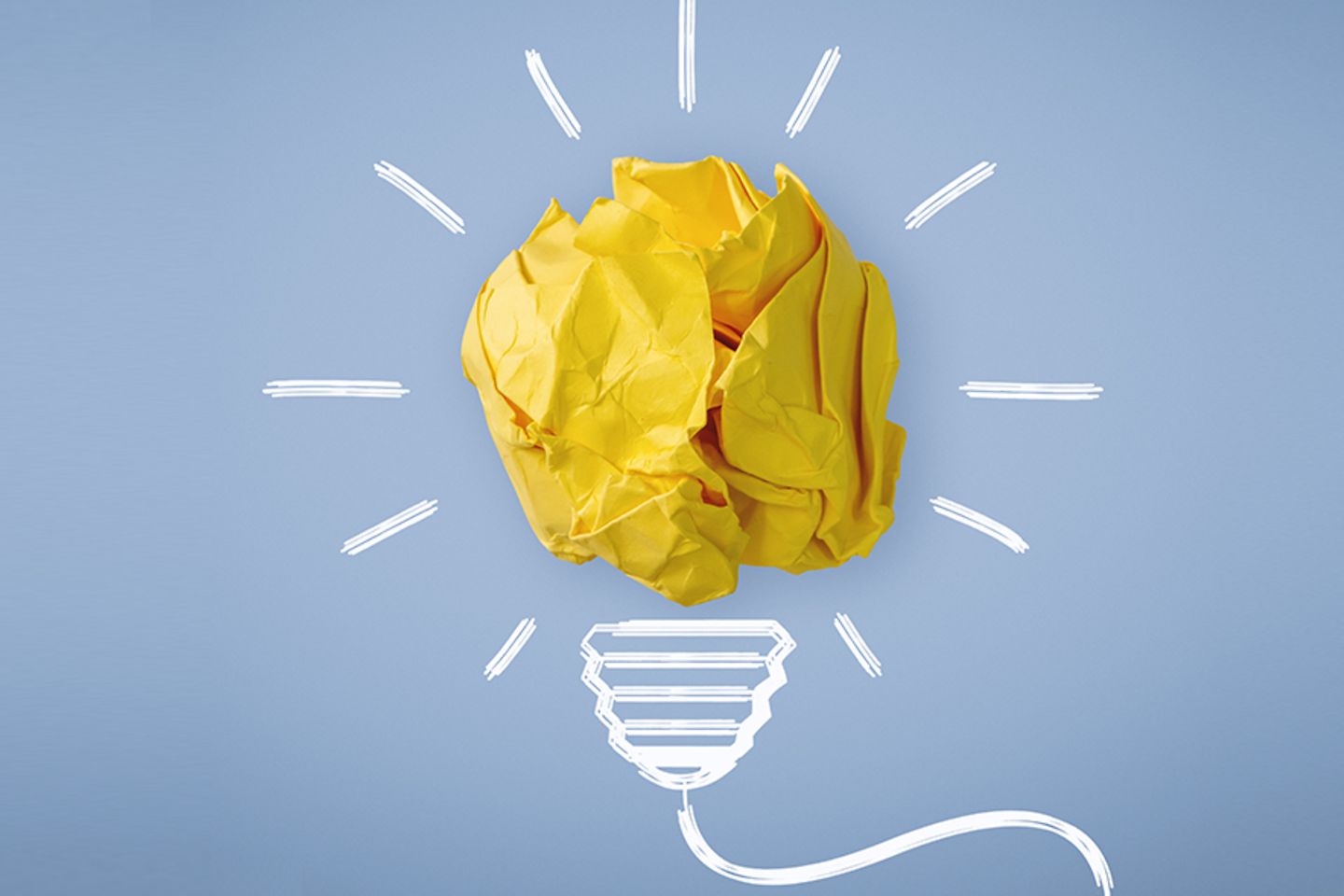 Illustration of a lightbulb made of white lines and a yellow ball of paper.