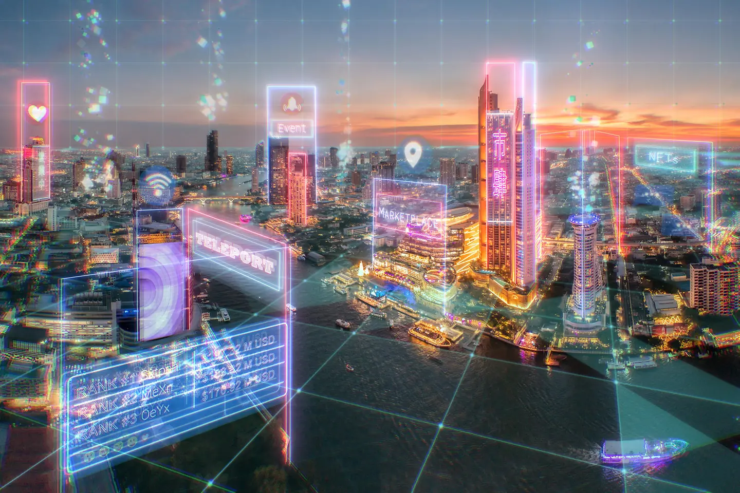Concepto de metaverso en la ciudad real, diseño digital futurista para Smart city y tecnología en el futuro