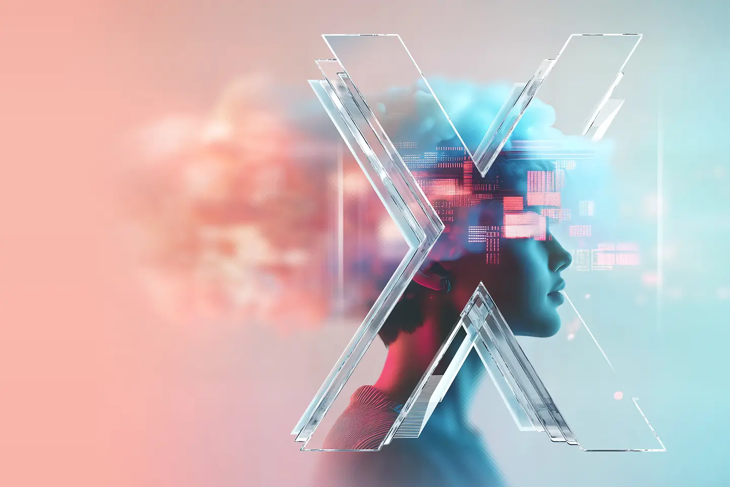 KI-generiertes Bild - Female head in clouds with giant X, AI-generated image