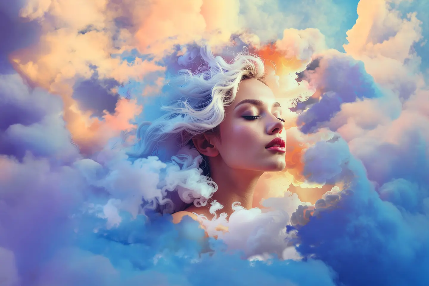 Image générée par lIA - Le visage d’une belle femme parmi des nuages colorés, image générée par l’IA
