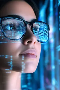 IT-Expertin liest Code an einem Bildschirm ab, Bild durch AI-generiert