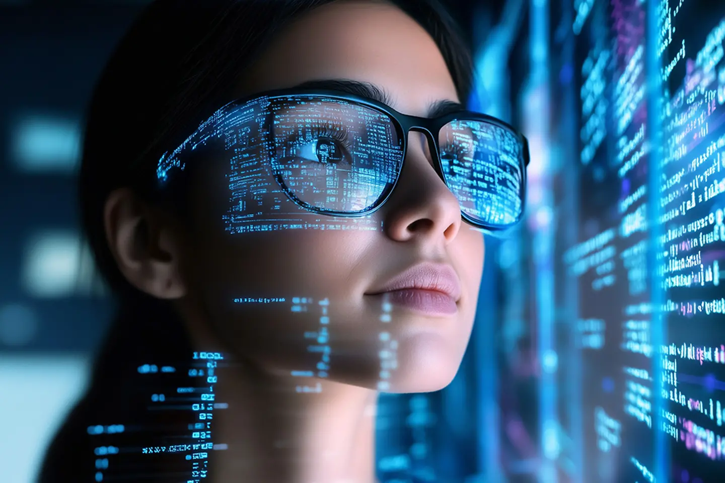 Une informaticienne lit le code sur un écran, image générée par IA