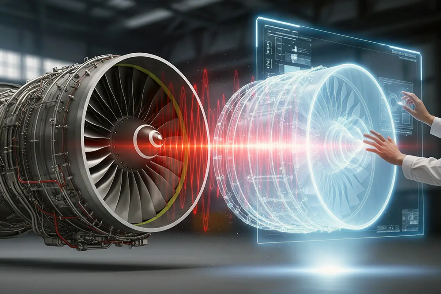 An engineer uses AR to analyze a jet engine with a holographic interface