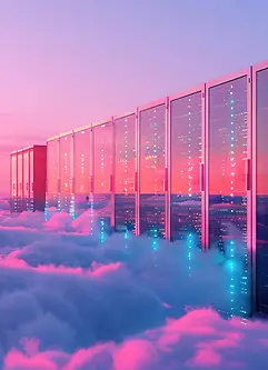 Illustration eines Datenserverraums über einem Meer aus Wolken mit Abendhimmel im Hintergrund