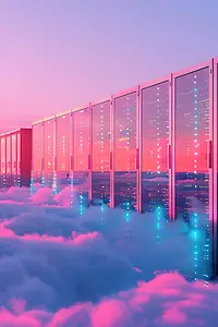 Illustration eines Datenserverraums über einem Meer aus Wolken mit Abendhimmel im Hintergrund