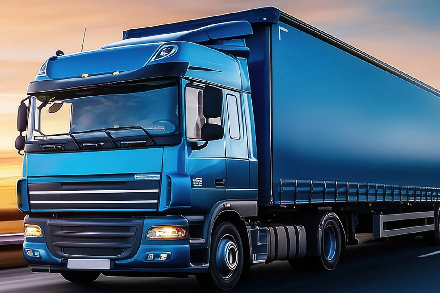 Blauer LKW, der bei Sonnenuntergang auf der Autobahn fährt, mit leuchtendem Himmel und Bewegungsunschärfe