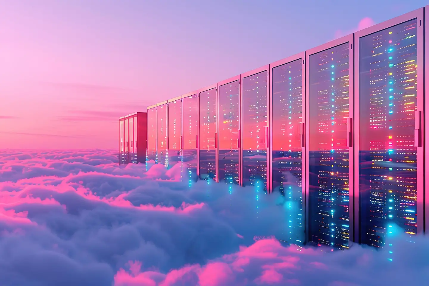 Illustration d’une salle de serveurs de données au-dessus d’une mer de nuages avec le ciel du soir en arrière-plan