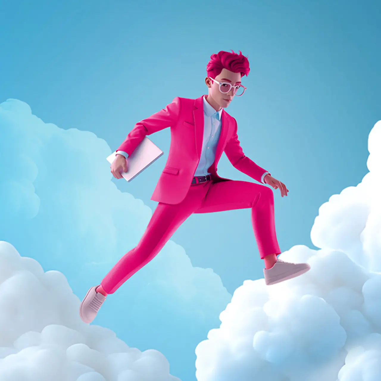 AI-generated image - Magenta coloured male figure steps from cloud to cloud, AI generated image
