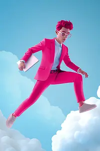KI-generiertes Bild - Mann in Magenta springt von Wolke zu Wolke, KI-generiertes Bild