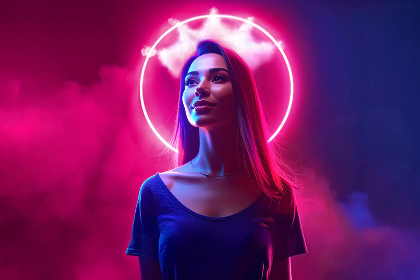 Image générée par lIA - Jeune femme avec une couronne magenta faite en nuages, image générée par l’IA