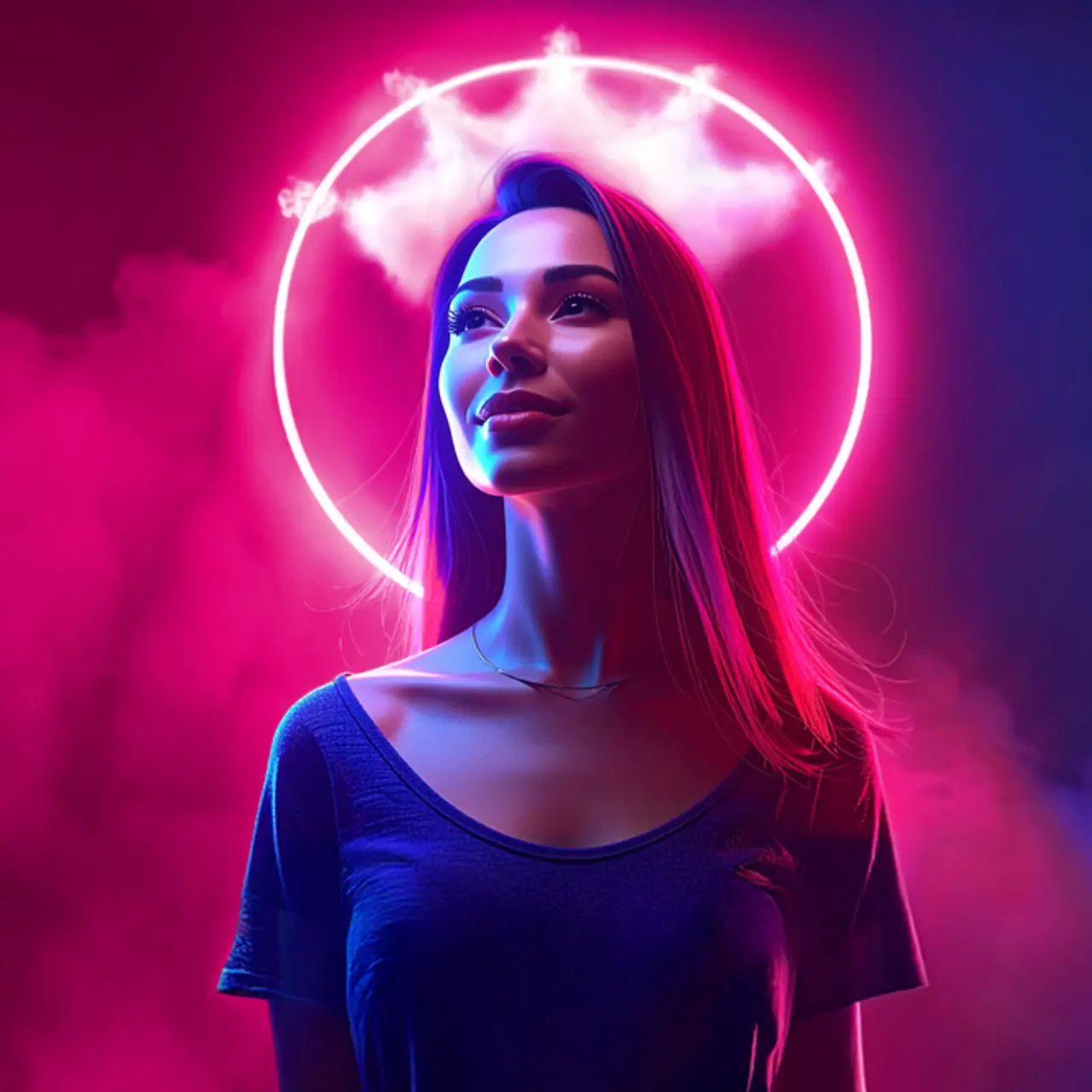 AI-generated image - Young woman wearing a magenta crown made of clouds, AI generated image