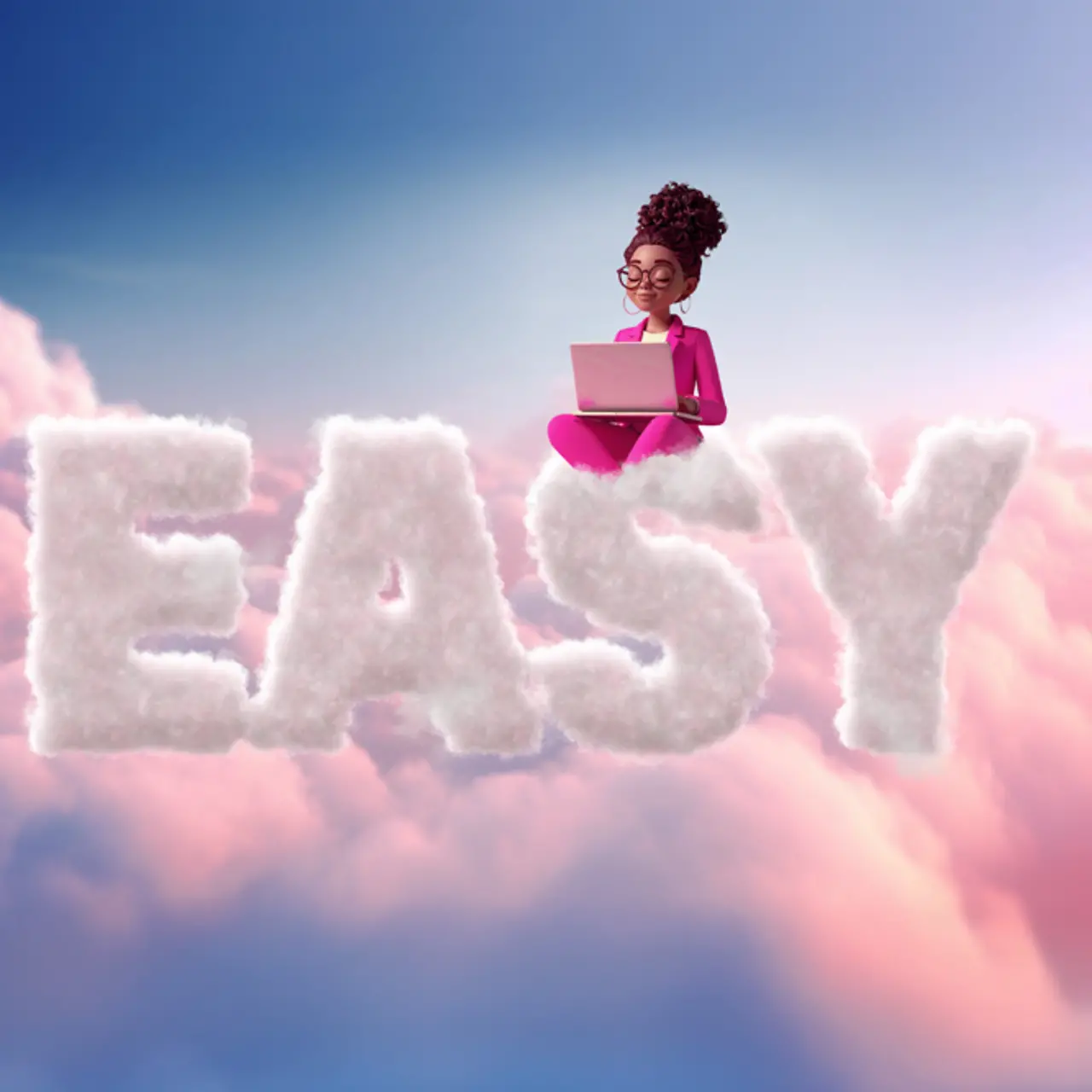 KI-generiertes Bild - Magentafarbene weibliche Figur sitzt mit einem Laptop auf einem Schriftzug "Easy" aus Wolken , KI-generiertes Bild