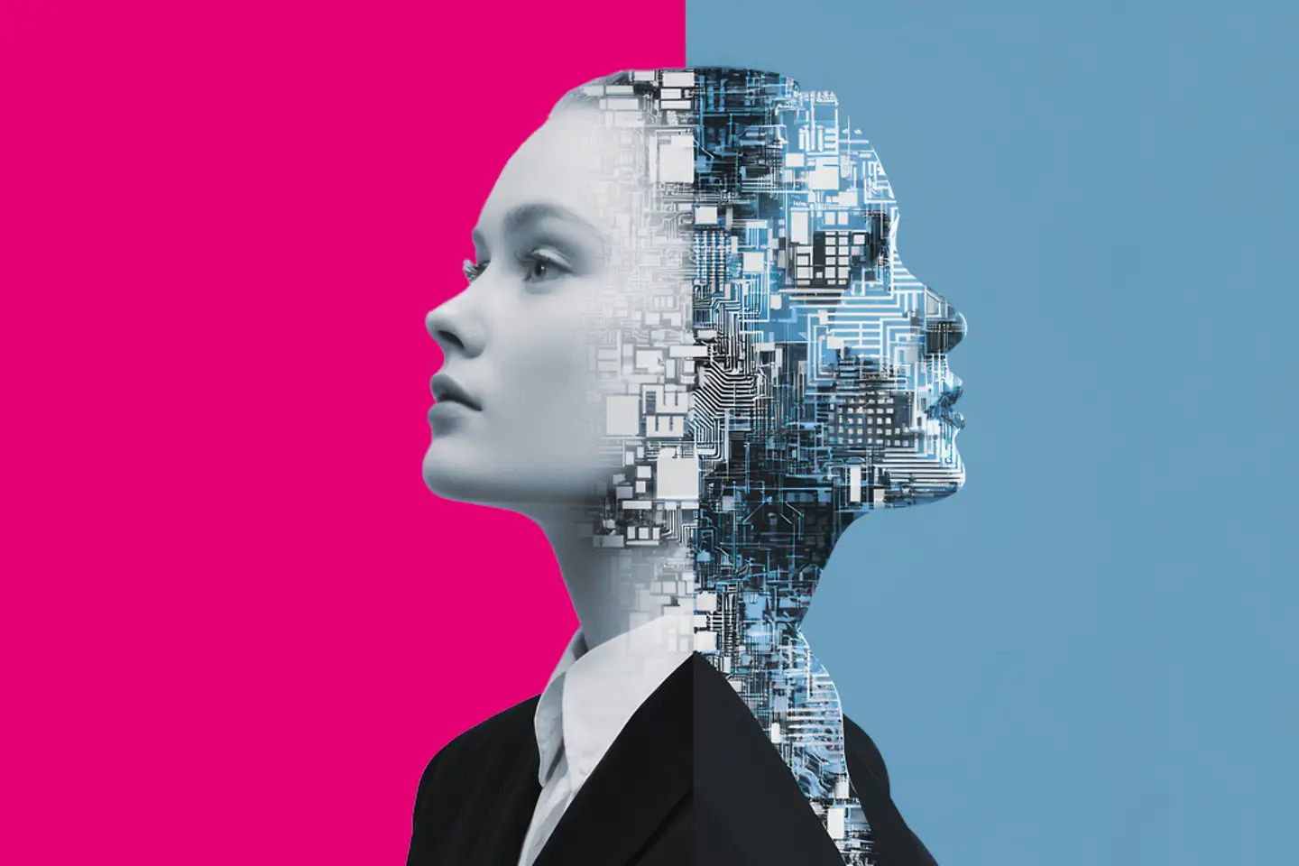 AI-generated image - Woman and robot facing opposite