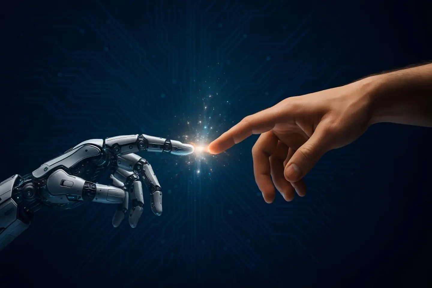 Door AI gegenereerde afbeelding - Mensenhand en robothand, met vonken ertussen om innovatie voor te stellen