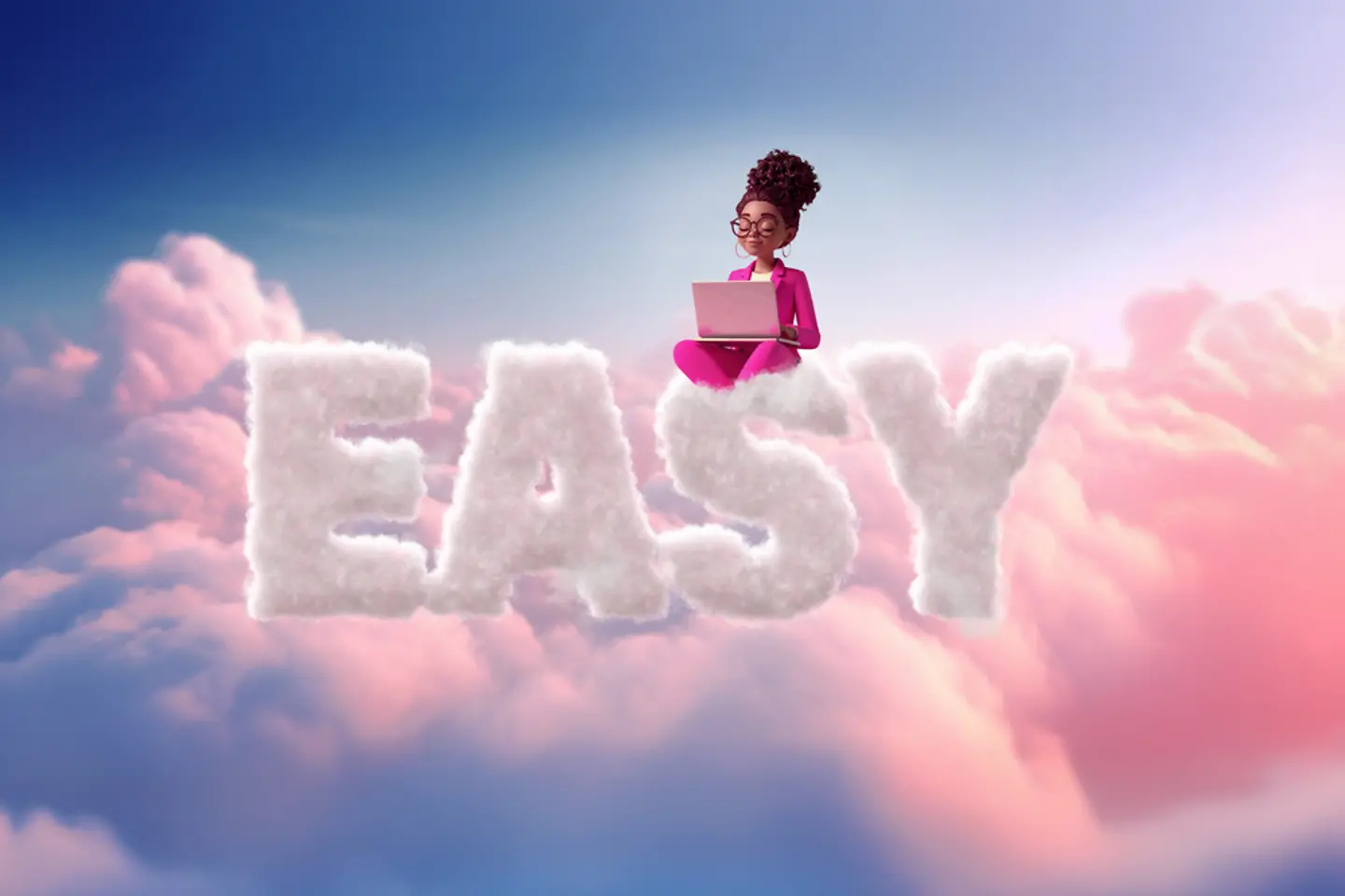 AI-generated image - Magenta colored female figure sits on text "Easy", made from clouds, AI generated image