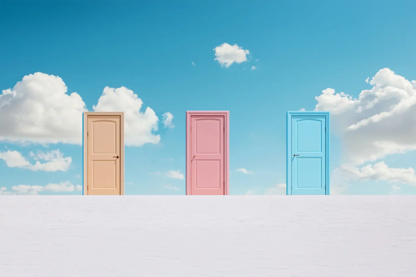 Imagem gerada por IA - Três portas em frente a um céu azul com nuvens, geradas por IA
