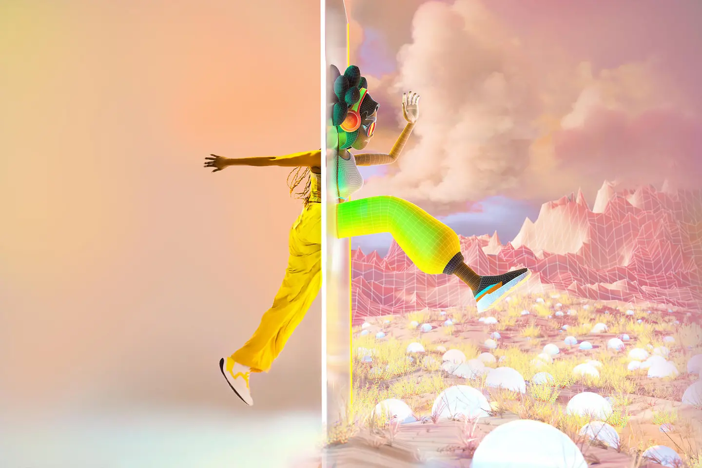 Joven saltando por la puerta del portal y transformándose en un avatar en un mundo imaginario.